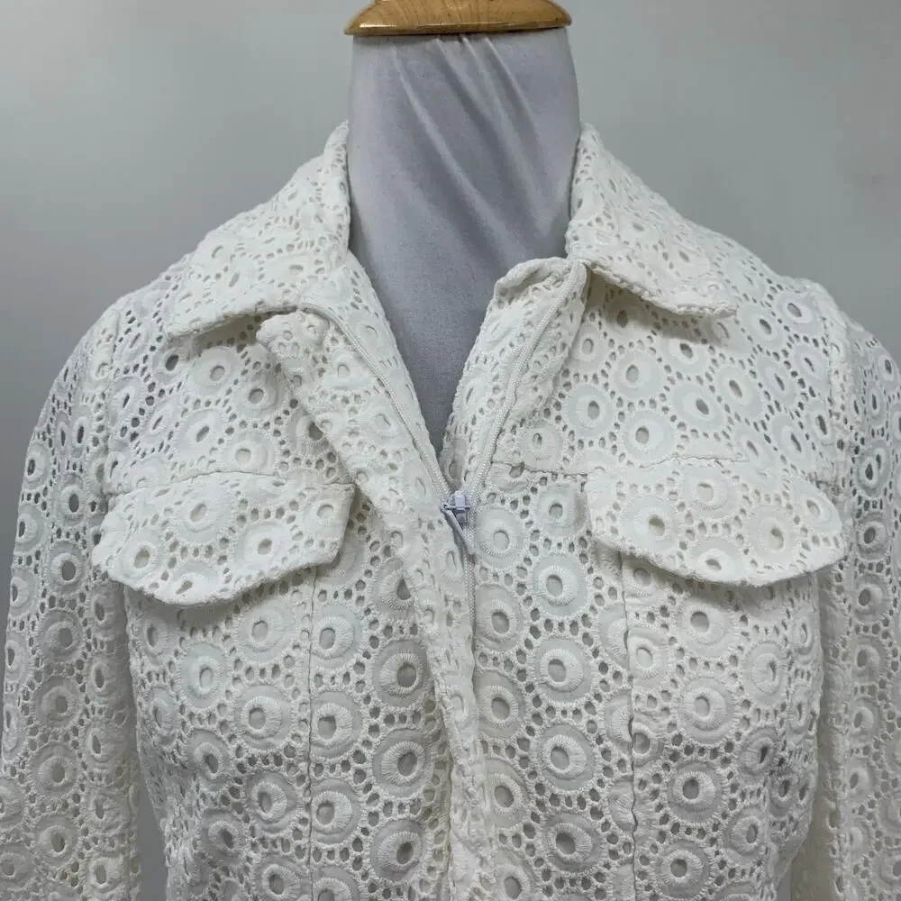 Anne Fontaine Jacket Womens 36 White Ugoline Casual Eyelet Overlay Full Zip Crop